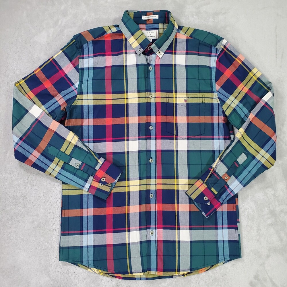 Gant x Le Mans Button Down Shirt Men XL Tech Prep Oxford Madras Plaid Stretch
